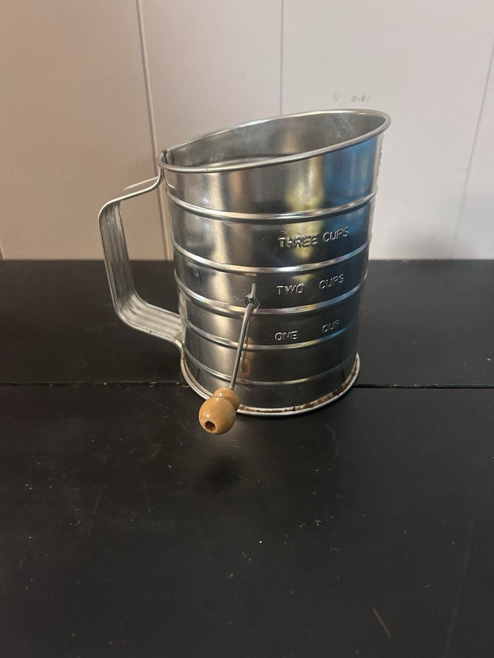 Vintage Good Cook 3 Cup Flour Sifter Metal Hand Crank Wood Handle Baking
